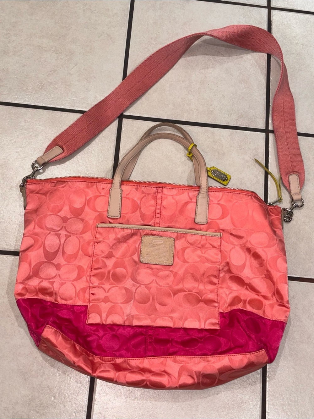 Coach Coral and Fuchsia Canvas Duffle Bag with Crossbody Strap